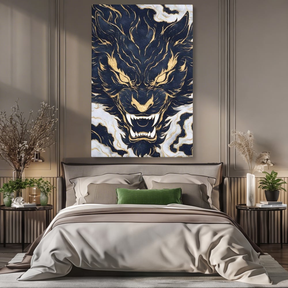 Tablou Canvas Premium, LuxCanva® M1438, Blestem Oriental, Tigru, Abstract, Marmura, Auriu, Colti, Furie, Dragon, Zeu, Legenda, Mit, Bestie, Birou, Living, Camera Copil