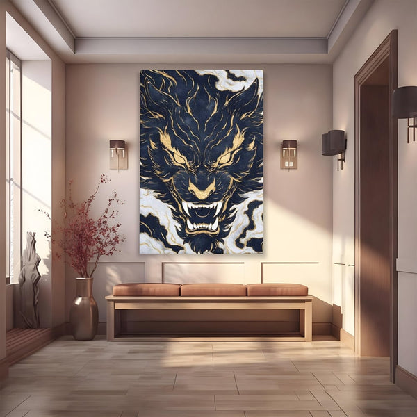 Tablou Canvas Premium, LuxCanva® M1438, Blestem Oriental, Tigru, Abstract, Marmura, Auriu, Colti, Furie, Dragon, Zeu, Legenda, Mit, Bestie, Birou, Living, Camera Copil