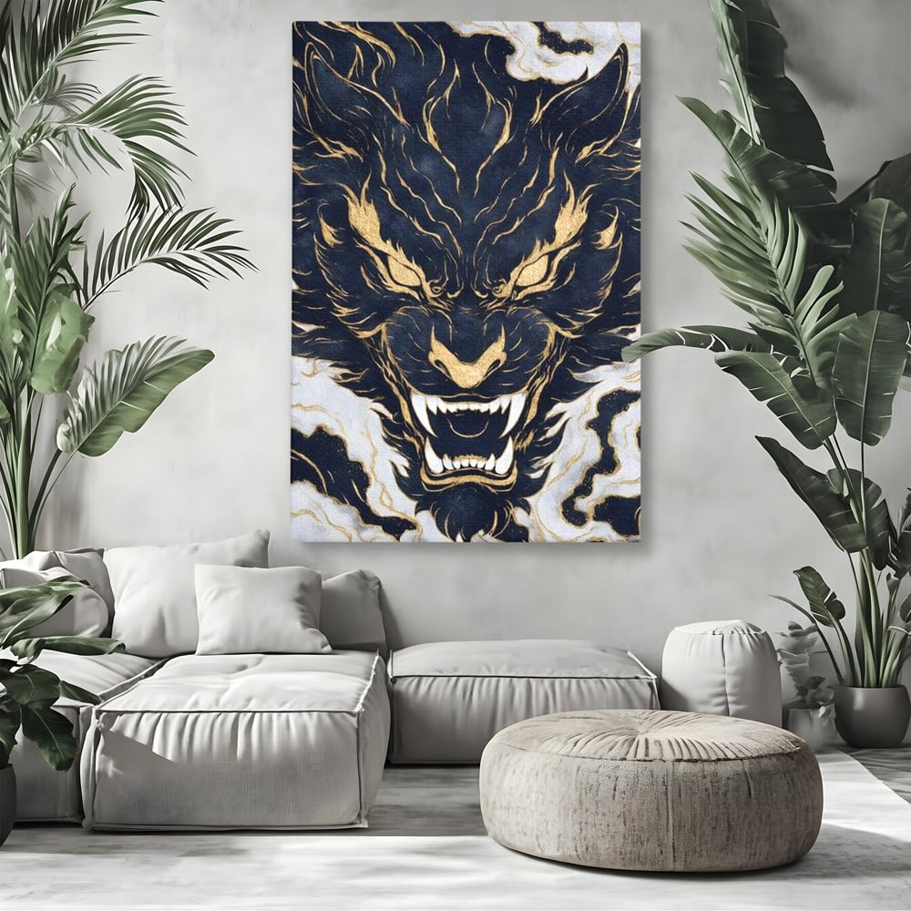 Tablou Canvas Premium, LuxCanva® M1438, Blestem Oriental, Tigru, Abstract, Marmura, Auriu, Colti, Furie, Dragon, Zeu, Legenda, Mit, Bestie, Birou, Living, Camera Copil