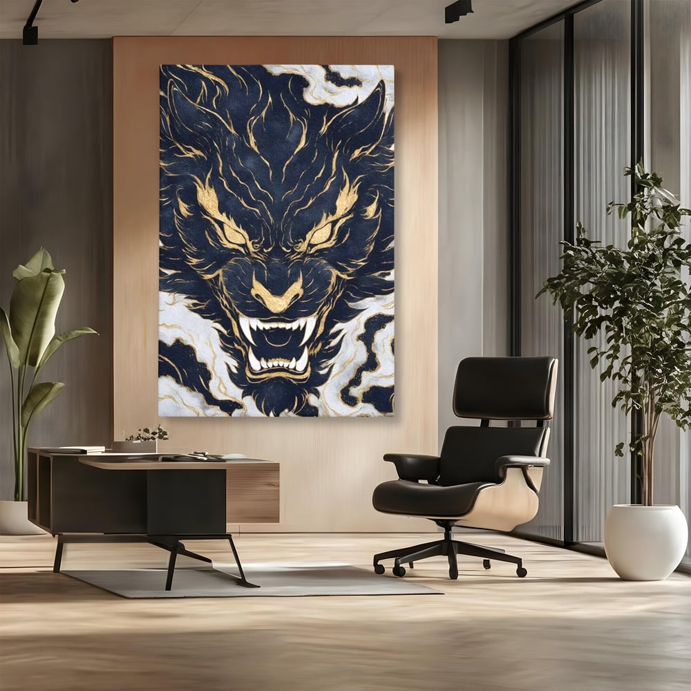 Tablou Canvas Premium, LuxCanva® M1438, Blestem Oriental, Tigru, Abstract, Marmura, Auriu, Colti, Furie, Dragon, Zeu, Legenda, Mit, Bestie, Birou, Living, Camera Copil
