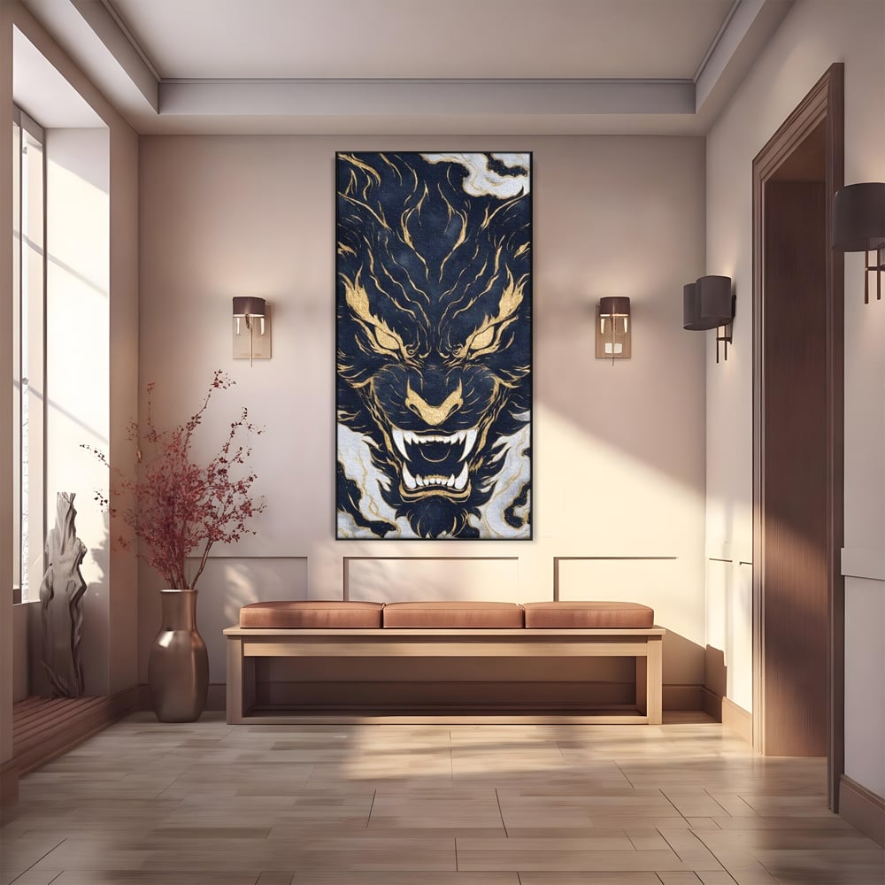 Tablou Canvas Premium, LuxCanva® M1438, Blestem Oriental, Tigru, Abstract, Marmura, Auriu, Colti, Furie, Dragon, Zeu, Legenda, Mit, Bestie, Birou, Living, Camera Copil