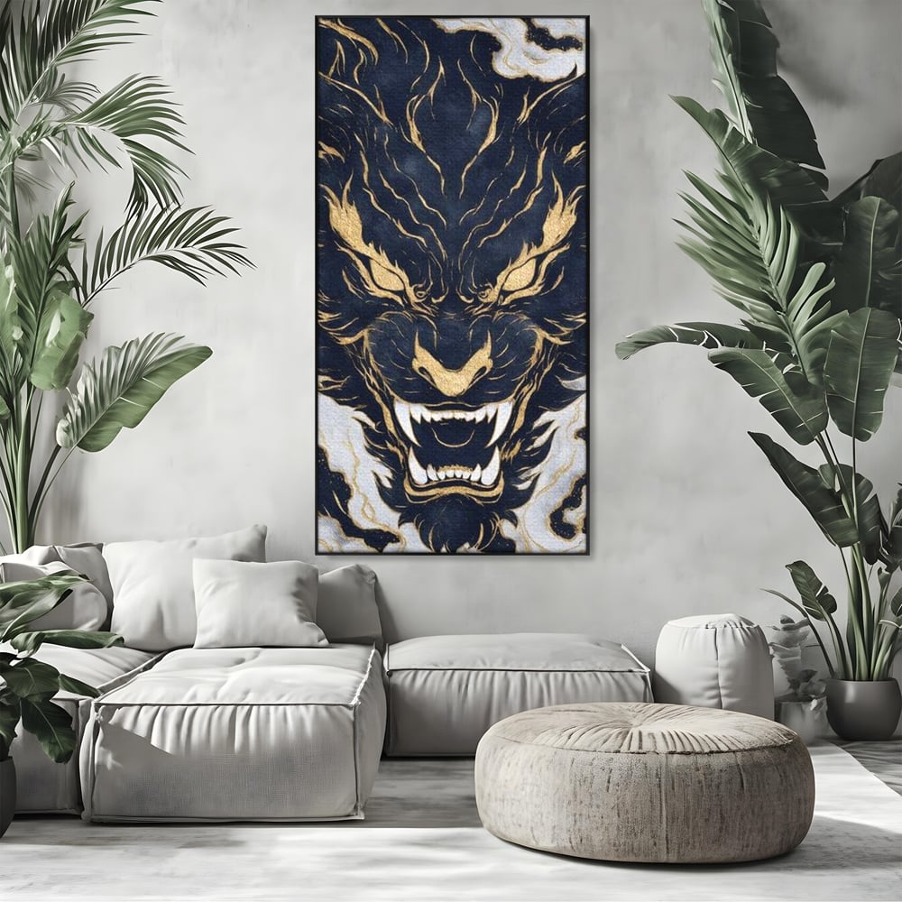 Tablou Canvas Premium, LuxCanva® M1438, Blestem Oriental, Tigru, Abstract, Marmura, Auriu, Colti, Furie, Dragon, Zeu, Legenda, Mit, Bestie, Birou, Living, Camera Copil