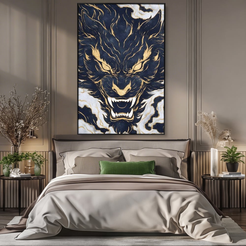 Tablou Canvas Premium, LuxCanva® M1438, Blestem Oriental, Tigru, Abstract, Marmura, Auriu, Colti, Furie, Dragon, Zeu, Legenda, Mit, Bestie, Birou, Living, Camera Copil
