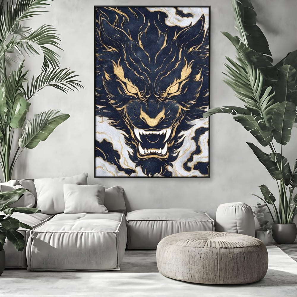 Tablou Canvas Premium, LuxCanva® M1438, Blestem Oriental, Tigru, Abstract, Marmura, Auriu, Colti, Furie, Dragon, Zeu, Legenda, Mit, Bestie, Birou, Living, Camera Copil