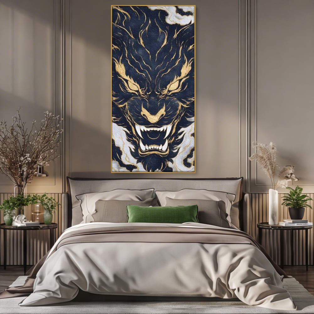 Tablou Canvas Premium, LuxCanva® M1438, Blestem Oriental, Tigru, Abstract, Marmura, Auriu, Colti, Furie, Dragon, Zeu, Legenda, Mit, Bestie, Birou, Living, Camera Copil