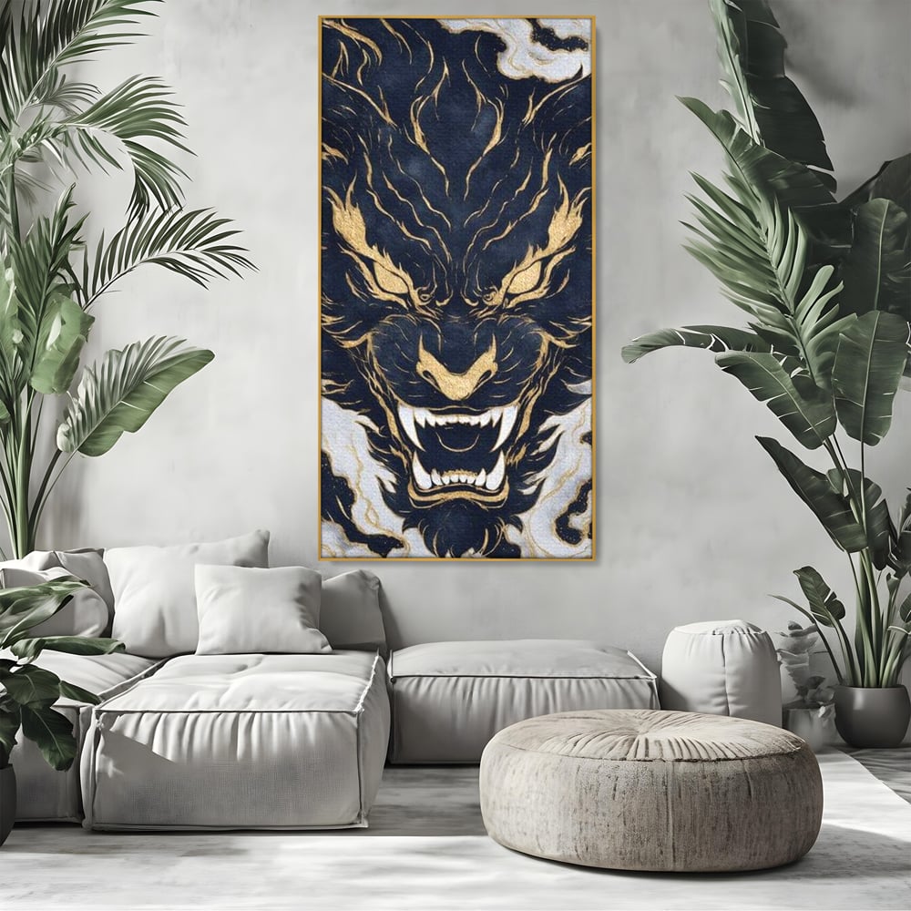 Tablou Canvas Premium, LuxCanva® M1438, Blestem Oriental, Tigru, Abstract, Marmura, Auriu, Colti, Furie, Dragon, Zeu, Legenda, Mit, Bestie, Birou, Living, Camera Copil