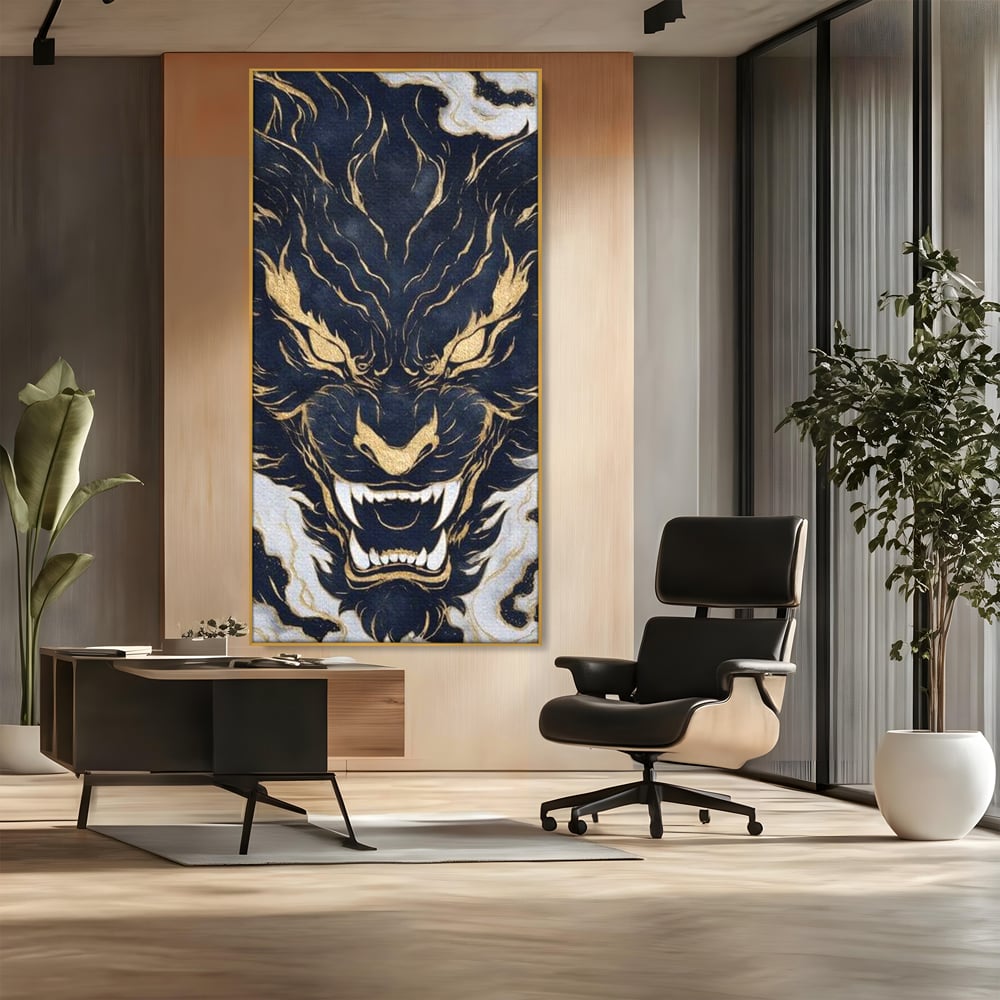Tablou Canvas Premium, LuxCanva® M1438, Blestem Oriental, Tigru, Abstract, Marmura, Auriu, Colti, Furie, Dragon, Zeu, Legenda, Mit, Bestie, Birou, Living, Camera Copil