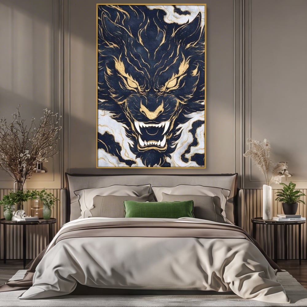 Tablou Canvas Premium, LuxCanva® M1438, Blestem Oriental, Tigru, Abstract, Marmura, Auriu, Colti, Furie, Dragon, Zeu, Legenda, Mit, Bestie, Birou, Living, Camera Copil