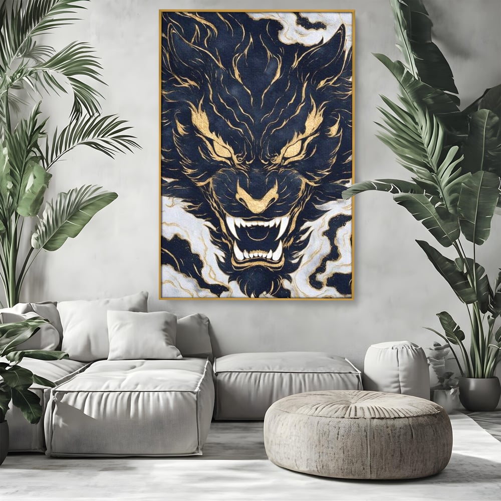 Tablou Canvas Premium, LuxCanva® M1438, Blestem Oriental, Tigru, Abstract, Marmura, Auriu, Colti, Furie, Dragon, Zeu, Legenda, Mit, Bestie, Birou, Living, Camera Copil