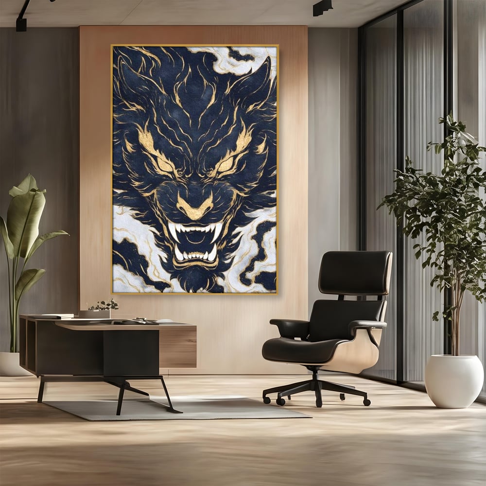 Tablou Canvas Premium, LuxCanva® M1438, Blestem Oriental, Tigru, Abstract, Marmura, Auriu, Colti, Furie, Dragon, Zeu, Legenda, Mit, Bestie, Birou, Living, Camera Copil