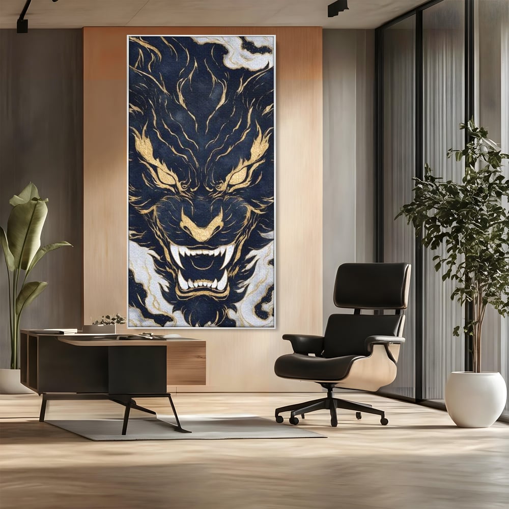 Tablou Canvas Premium, LuxCanva® M1438, Blestem Oriental, Tigru, Abstract, Marmura, Auriu, Colti, Furie, Dragon, Zeu, Legenda, Mit, Bestie, Birou, Living, Camera Copil