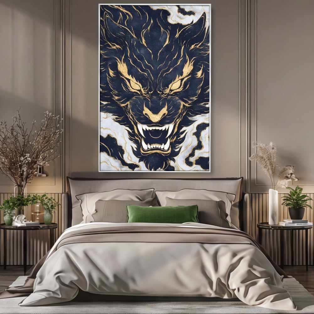 Tablou Canvas Premium, LuxCanva® M1438, Blestem Oriental, Tigru, Abstract, Marmura, Auriu, Colti, Furie, Dragon, Zeu, Legenda, Mit, Bestie, Birou, Living, Camera Copil