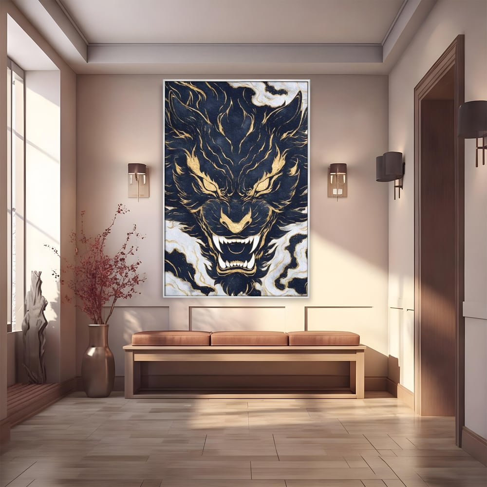 Tablou Canvas Premium, LuxCanva® M1438, Blestem Oriental, Tigru, Abstract, Marmura, Auriu, Colti, Furie, Dragon, Zeu, Legenda, Mit, Bestie, Birou, Living, Camera Copil