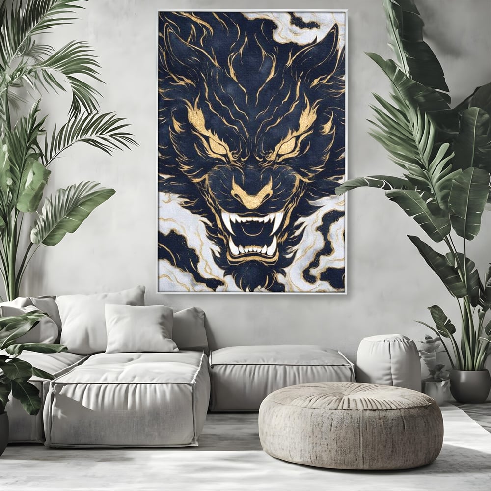 Tablou Canvas Premium, LuxCanva® M1438, Blestem Oriental, Tigru, Abstract, Marmura, Auriu, Colti, Furie, Dragon, Zeu, Legenda, Mit, Bestie, Birou, Living, Camera Copil