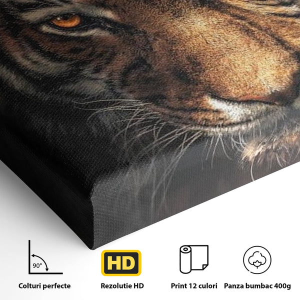 Tablou Canvas Premium, LuxCanva® M1440, Printre Scantei si Umbre, Tigru, Ochi, Privire, Foc, Felina, Fiara, Salbatic, Furios, Forta, Scanteie, Intuneric, Birou, Living, Camera Copil