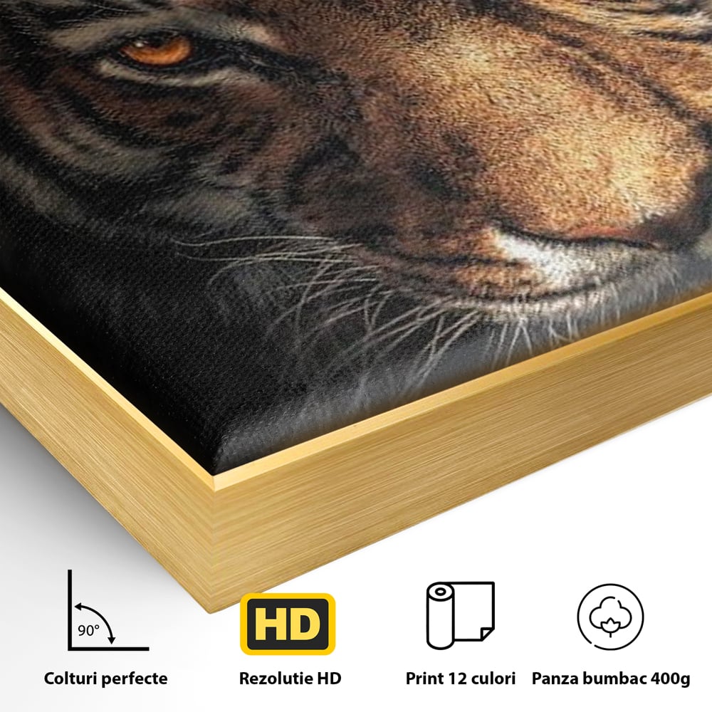 Tablou Canvas Premium, LuxCanva® M1440, Printre Scantei si Umbre, Tigru, Ochi, Privire, Foc, Felina, Fiara, Salbatic, Furios, Forta, Scanteie, Intuneric, Birou, Living, Camera Copil