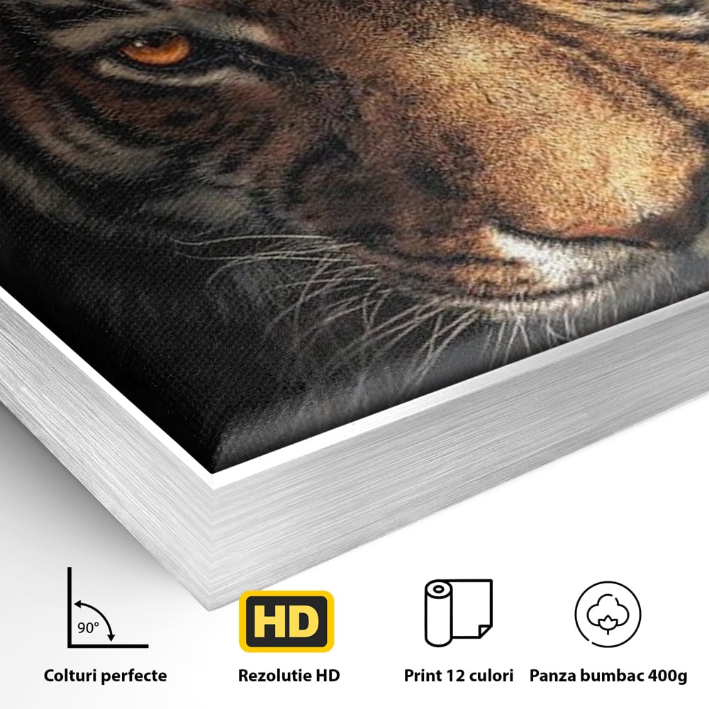 Tablou Canvas Premium, LuxCanva® M1440, Printre Scantei si Umbre, Tigru, Ochi, Privire, Foc, Felina, Fiara, Salbatic, Furios, Forta, Scanteie, Intuneric, Birou, Living, Camera Copil