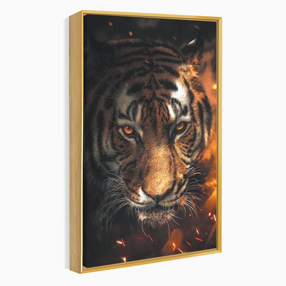 Tablou Canvas Premium, LuxCanva® M1440, Printre Scantei si Umbre, Tigru, Ochi, Privire, Foc, Felina, Fiara, Salbatic, Furios, Forta, Scanteie, Intuneric, Birou, Living, Camera Copil