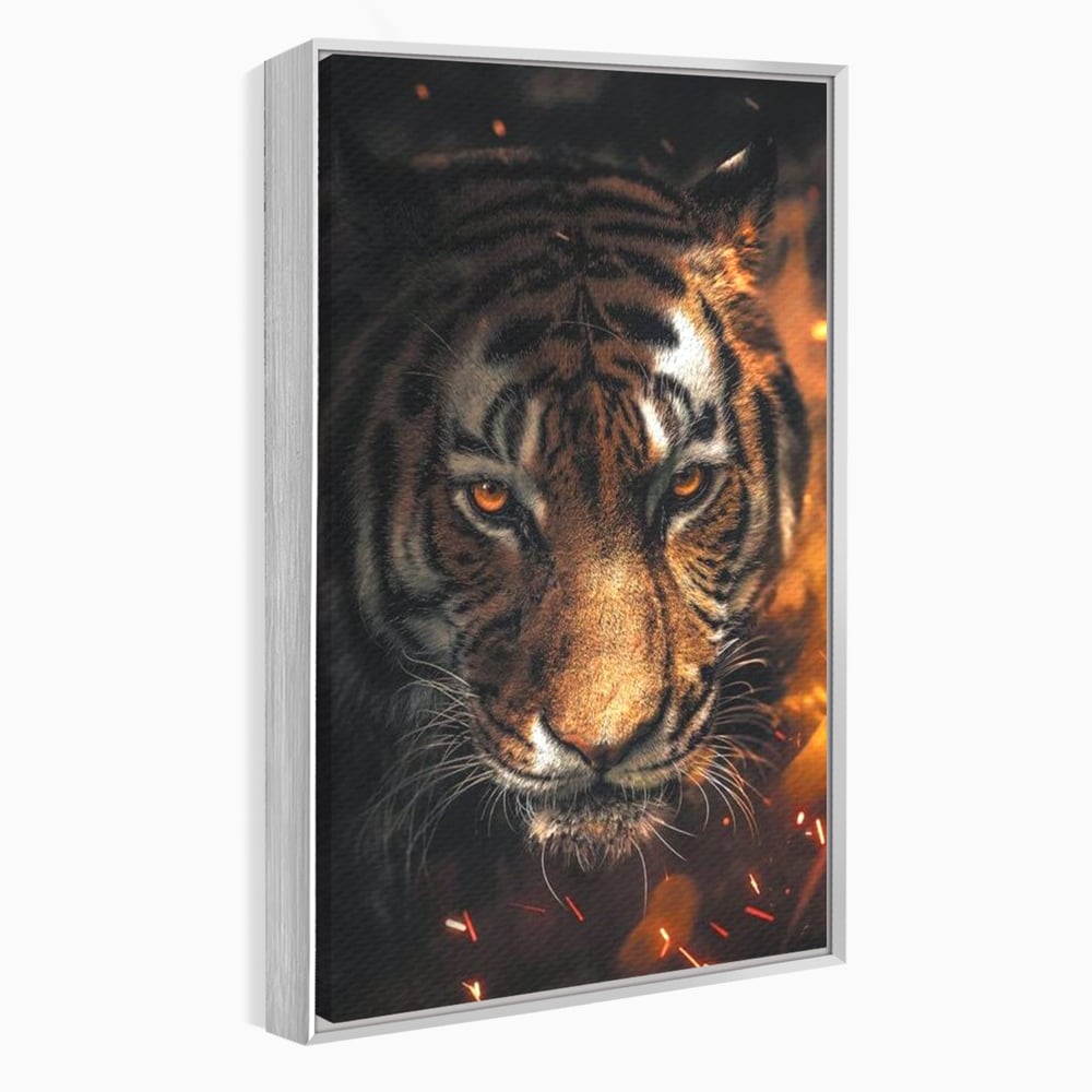 Tablou Canvas Premium, LuxCanva® M1440, Printre Scantei si Umbre, Tigru, Ochi, Privire, Foc, Felina, Fiara, Salbatic, Furios, Forta, Scanteie, Intuneric, Birou, Living, Camera Copil