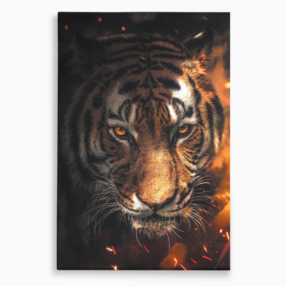Tablou Canvas Premium, LuxCanva® M1440, Printre Scantei si Umbre, Tigru, Ochi, Privire, Foc, Felina, Fiara, Salbatic, Furios, Forta, Scanteie, Intuneric, Birou, Living, Camera Copil