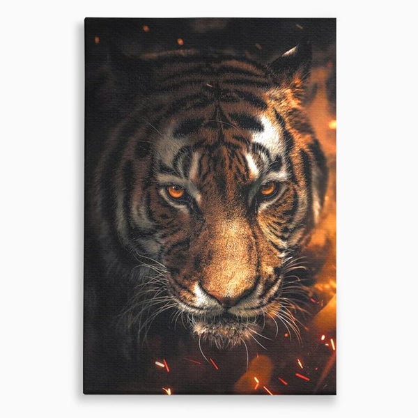 Tablou Canvas Premium, LuxCanva® M1440, Printre Scantei si Umbre, Tigru, Ochi, Privire, Foc, Felina, Fiara, Salbatic, Furios, Forta, Scanteie, Intuneric, Birou, Living, Camera Copil