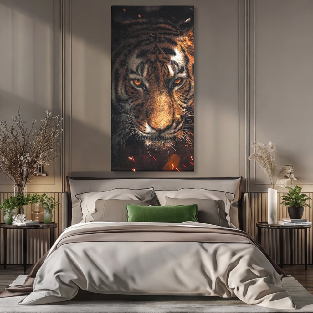 Tablou Canvas Premium, LuxCanva® M1440, Printre Scantei si Umbre, Tigru, Ochi, Privire, Foc, Felina, Fiara, Salbatic, Furios, Forta, Scanteie, Intuneric, Birou, Living, Camera Copil
