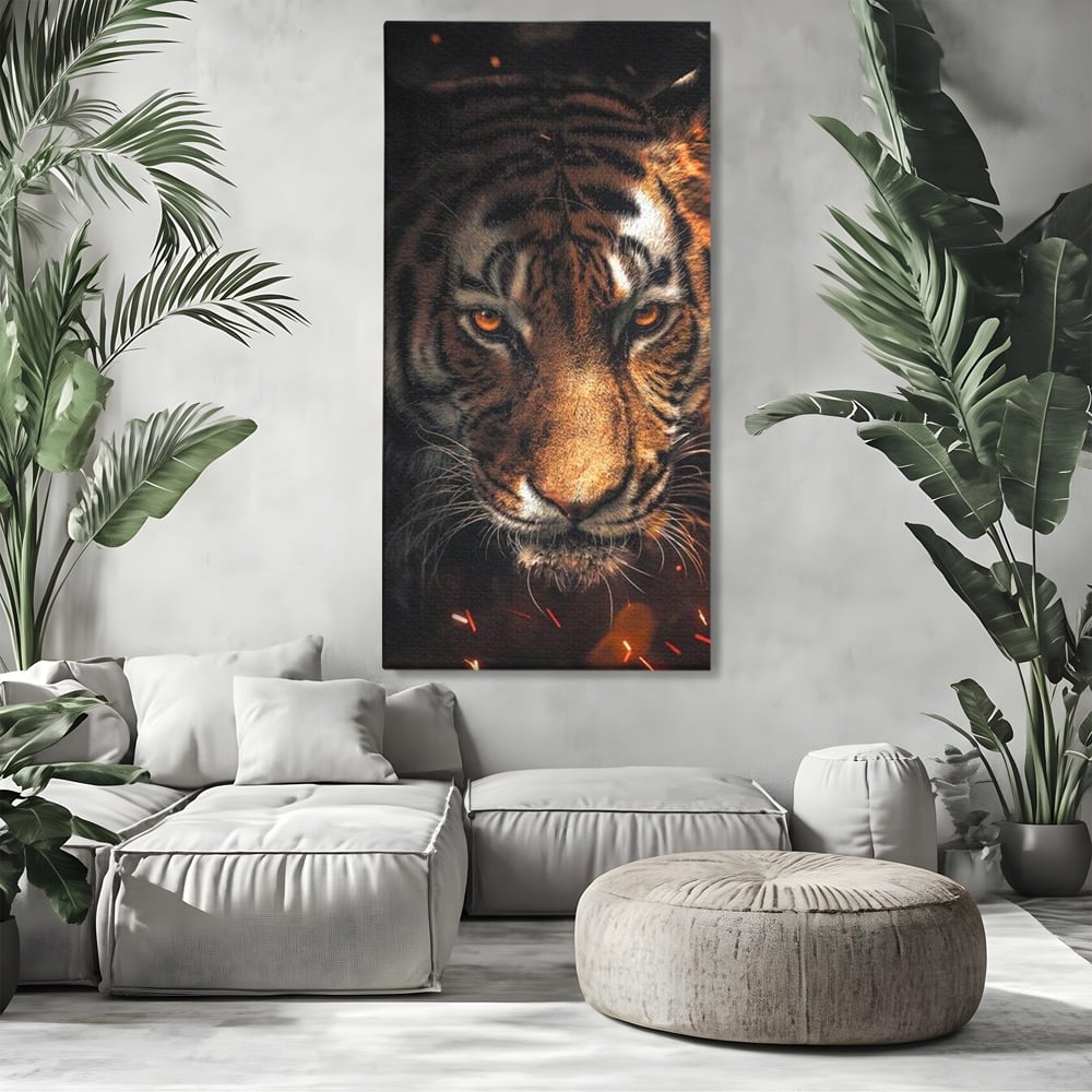 Tablou Canvas Premium, LuxCanva® M1440, Printre Scantei si Umbre, Tigru, Ochi, Privire, Foc, Felina, Fiara, Salbatic, Furios, Forta, Scanteie, Intuneric, Birou, Living, Camera Copil