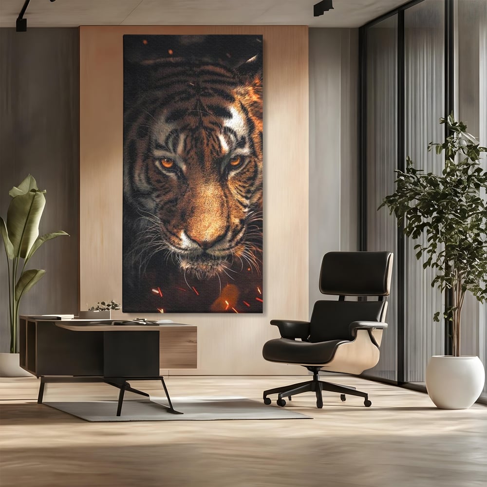 Tablou Canvas Premium, LuxCanva® M1440, Printre Scantei si Umbre, Tigru, Ochi, Privire, Foc, Felina, Fiara, Salbatic, Furios, Forta, Scanteie, Intuneric, Birou, Living, Camera Copil
