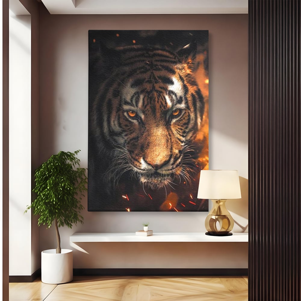 Tablou Canvas Premium, LuxCanva® M1440, Printre Scantei si Umbre, Tigru, Ochi, Privire, Foc, Felina, Fiara, Salbatic, Furios, Forta, Scanteie, Intuneric, Birou, Living, Camera Copil