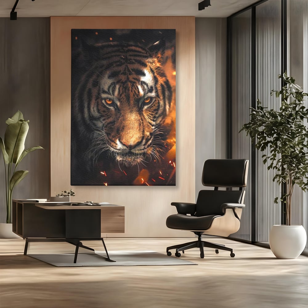 Tablou Canvas Premium, LuxCanva® M1440, Printre Scantei si Umbre, Tigru, Ochi, Privire, Foc, Felina, Fiara, Salbatic, Furios, Forta, Scanteie, Intuneric, Birou, Living, Camera Copil