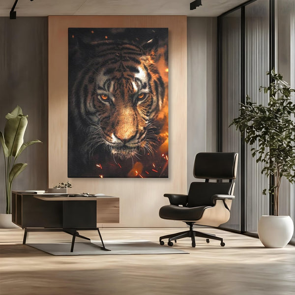 Tablou Canvas Premium, LuxCanva® M1440, Printre Scantei si Umbre, Tigru, Ochi, Privire, Foc, Felina, Fiara, Salbatic, Furios, Forta, Scanteie, Intuneric, Birou, Living, Camera Copil