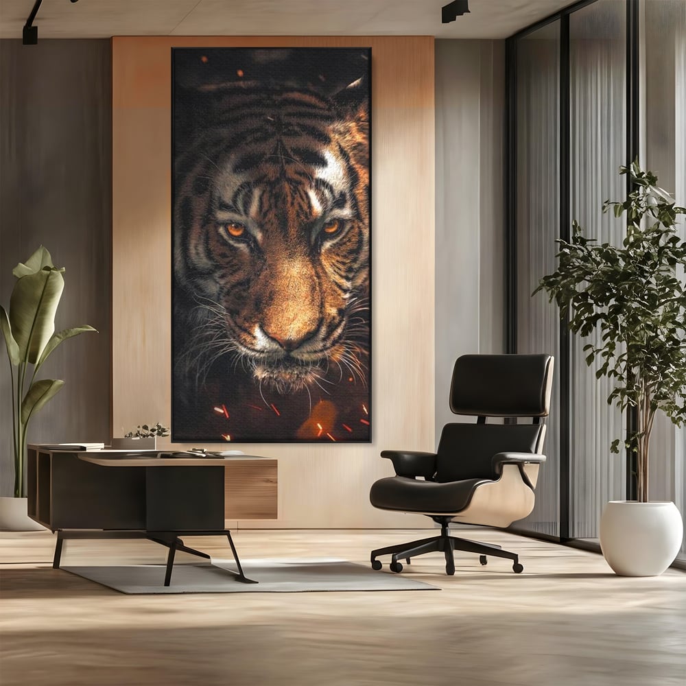 Tablou Canvas Premium, LuxCanva® M1440, Printre Scantei si Umbre, Tigru, Ochi, Privire, Foc, Felina, Fiara, Salbatic, Furios, Forta, Scanteie, Intuneric, Birou, Living, Camera Copil