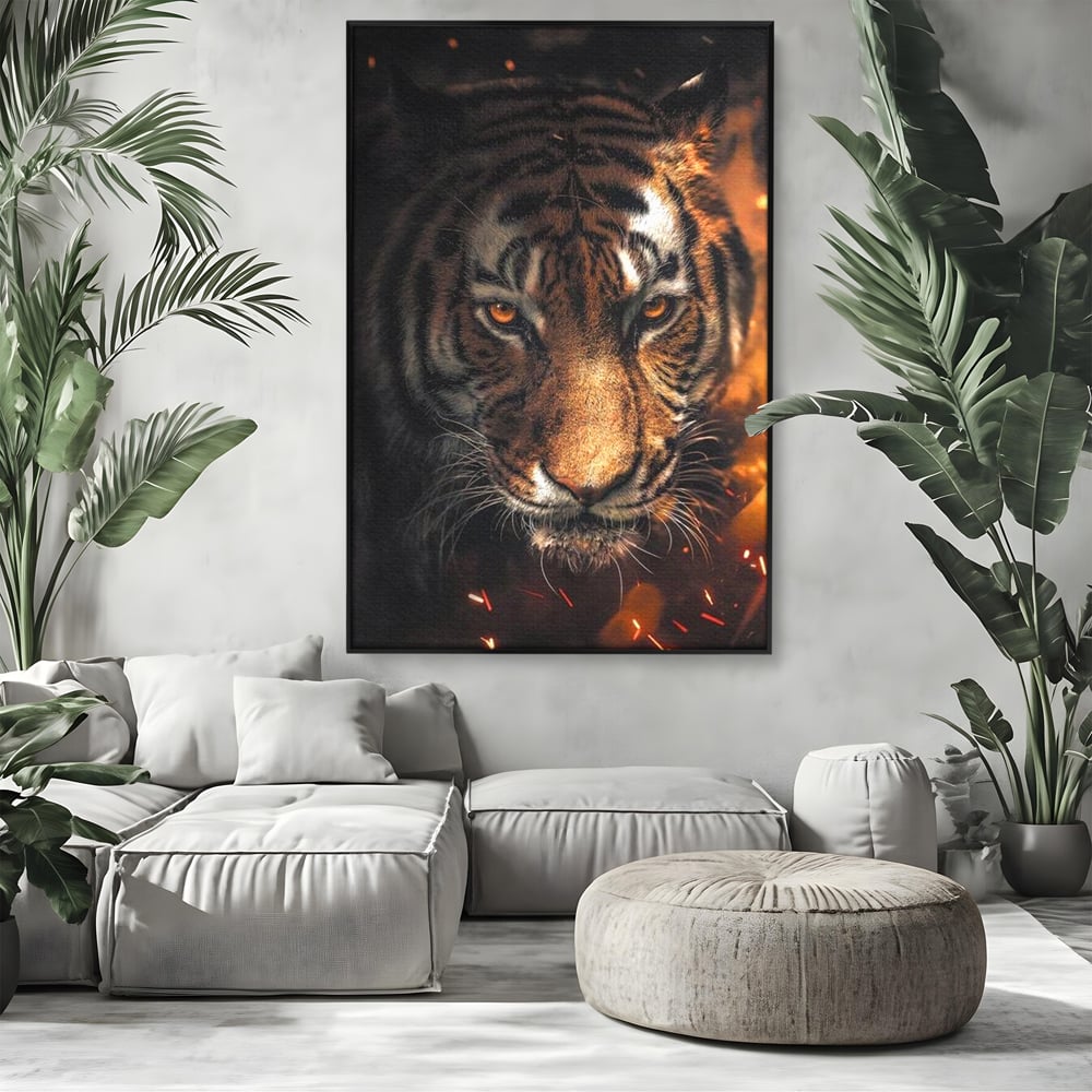 Tablou Canvas Premium, LuxCanva® M1440, Printre Scantei si Umbre, Tigru, Ochi, Privire, Foc, Felina, Fiara, Salbatic, Furios, Forta, Scanteie, Intuneric, Birou, Living, Camera Copil