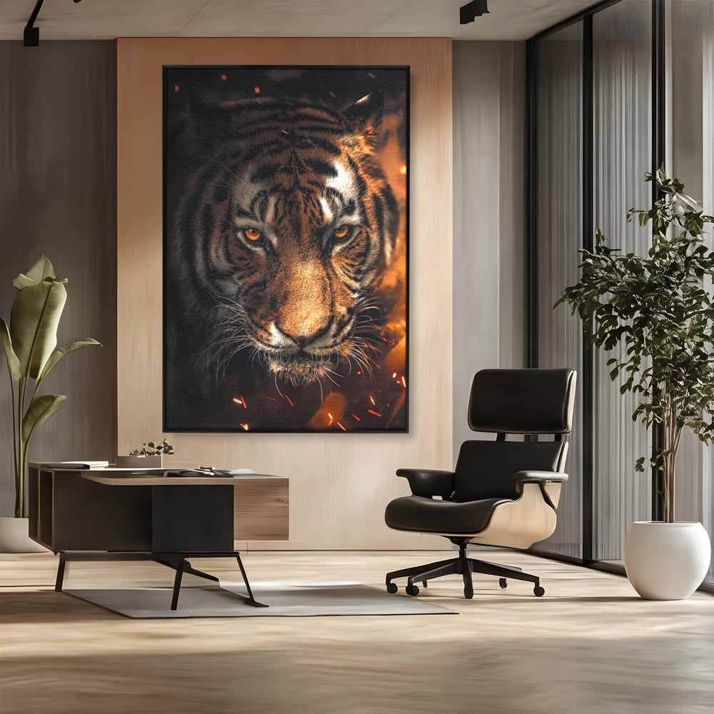 Tablou Canvas Premium, LuxCanva® M1440, Printre Scantei si Umbre, Tigru, Ochi, Privire, Foc, Felina, Fiara, Salbatic, Furios, Forta, Scanteie, Intuneric, Birou, Living, Camera Copil