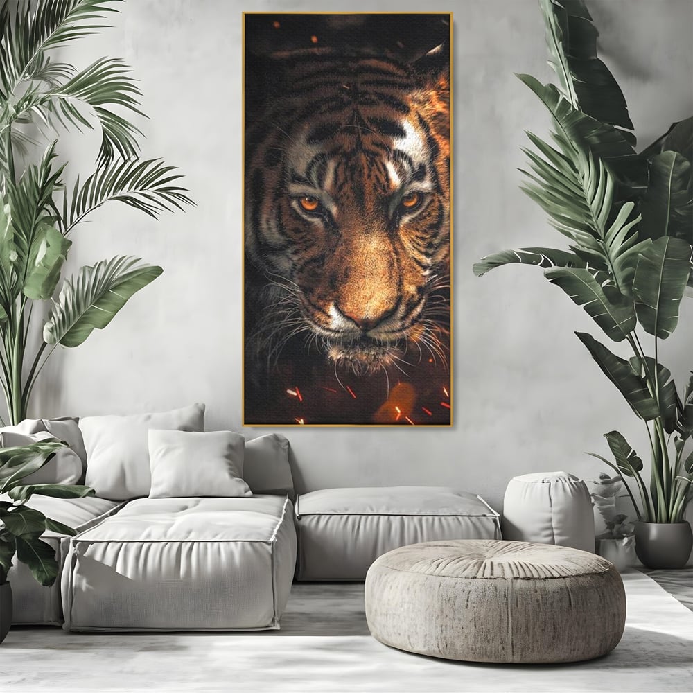 Tablou Canvas Premium, LuxCanva® M1440, Printre Scantei si Umbre, Tigru, Ochi, Privire, Foc, Felina, Fiara, Salbatic, Furios, Forta, Scanteie, Intuneric, Birou, Living, Camera Copil