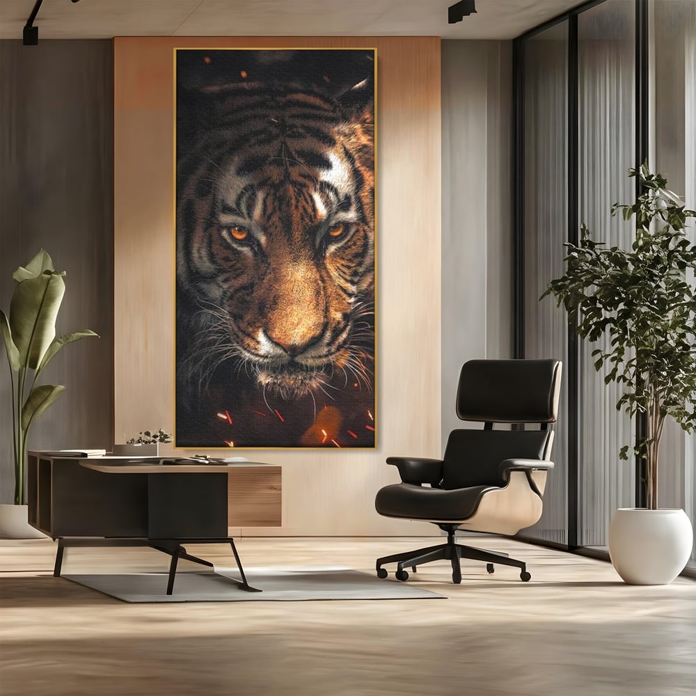 Tablou Canvas Premium, LuxCanva® M1440, Printre Scantei si Umbre, Tigru, Ochi, Privire, Foc, Felina, Fiara, Salbatic, Furios, Forta, Scanteie, Intuneric, Birou, Living, Camera Copil