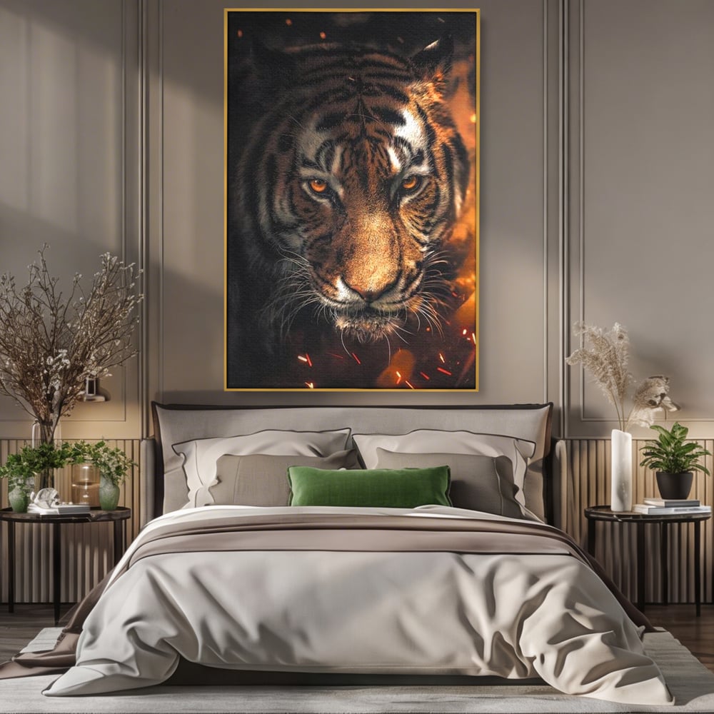 Tablou Canvas Premium, LuxCanva® M1440, Printre Scantei si Umbre, Tigru, Ochi, Privire, Foc, Felina, Fiara, Salbatic, Furios, Forta, Scanteie, Intuneric, Birou, Living, Camera Copil