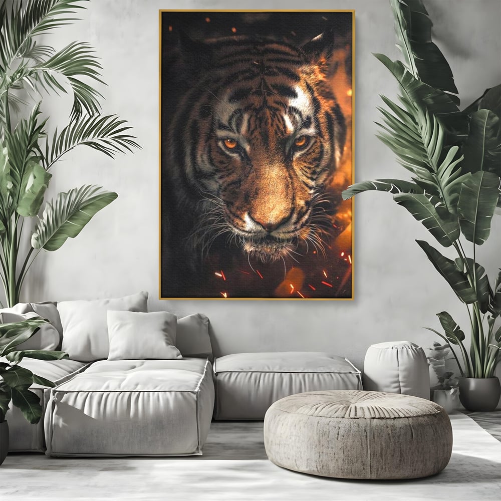 Tablou Canvas Premium, LuxCanva® M1440, Printre Scantei si Umbre, Tigru, Ochi, Privire, Foc, Felina, Fiara, Salbatic, Furios, Forta, Scanteie, Intuneric, Birou, Living, Camera Copil