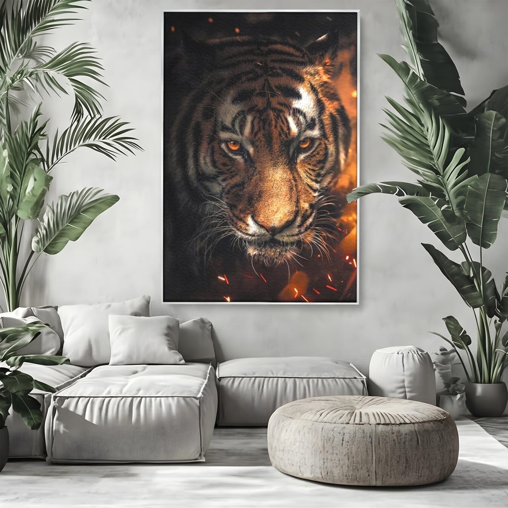 Tablou Canvas Premium, LuxCanva® M1440, Printre Scantei si Umbre, Tigru, Ochi, Privire, Foc, Felina, Fiara, Salbatic, Furios, Forta, Scanteie, Intuneric, Birou, Living, Camera Copil