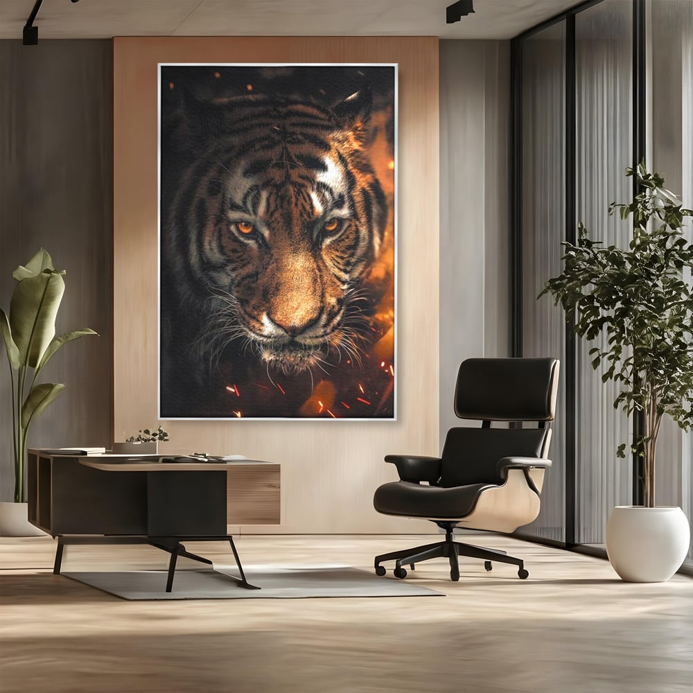 Tablou Canvas Premium, LuxCanva® M1440, Printre Scantei si Umbre, Tigru, Ochi, Privire, Foc, Felina, Fiara, Salbatic, Furios, Forta, Scanteie, Intuneric, Birou, Living, Camera Copil