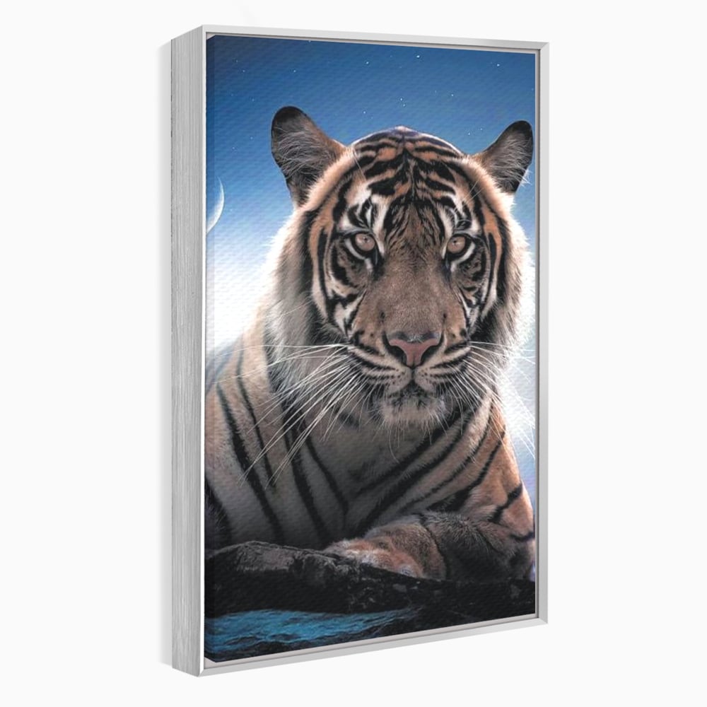 Tablou Canvas Premium, LuxCanva® M1441, Singur sub Stele, Semiluna, Noapte, Stele, Cosmic, Tigru, Felina, Misterios, Dungi, Lumina, Portret, Birou, Living, Camera Copil