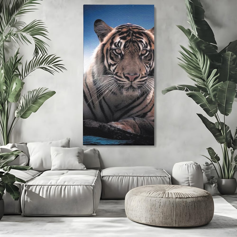 Tablou Canvas Premium, LuxCanva® M1441, Singur sub Stele, Semiluna, Noapte, Stele, Cosmic, Tigru, Felina, Misterios, Dungi, Lumina, Portret, Birou, Living, Camera Copil