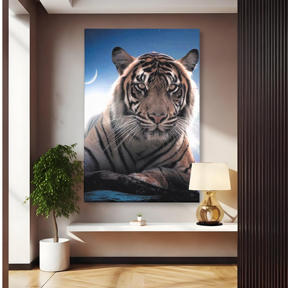 Tablou Canvas Premium, LuxCanva® M1441, Singur sub Stele, Semiluna, Noapte, Stele, Cosmic, Tigru, Felina, Misterios, Dungi, Lumina, Portret, Birou, Living, Camera Copil