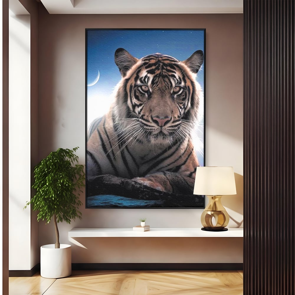 Tablou Canvas Premium, LuxCanva® M1441, Singur sub Stele, Semiluna, Noapte, Stele, Cosmic, Tigru, Felina, Misterios, Dungi, Lumina, Portret, Birou, Living, Camera Copil