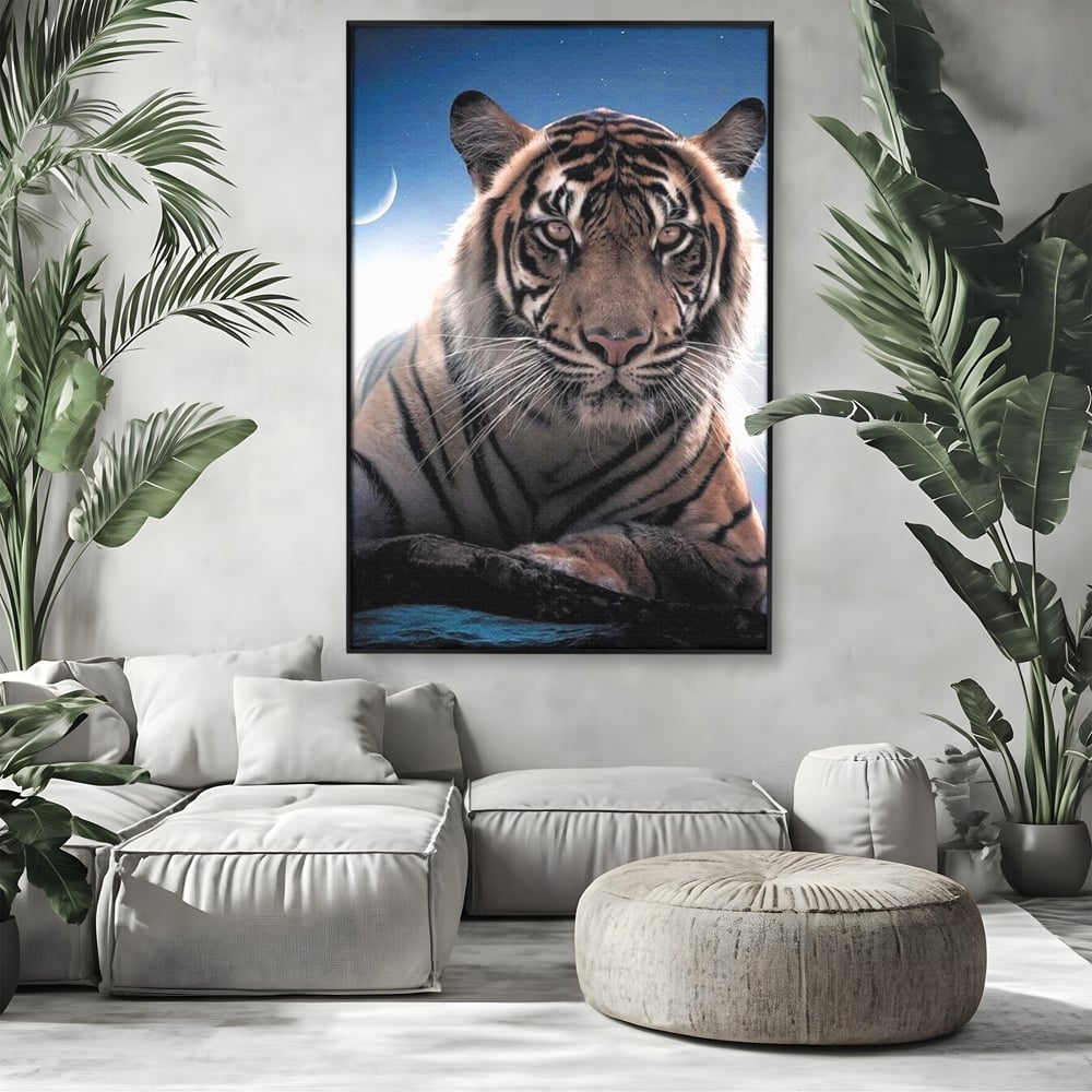 Tablou Canvas Premium, LuxCanva® M1441, Singur sub Stele, Semiluna, Noapte, Stele, Cosmic, Tigru, Felina, Misterios, Dungi, Lumina, Portret, Birou, Living, Camera Copil