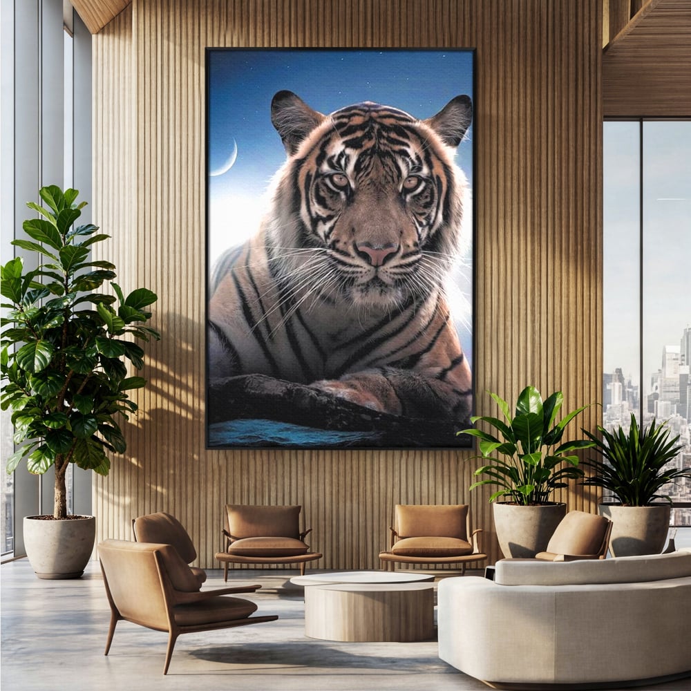 Tablou Canvas Premium, LuxCanva® M1441, Singur sub Stele, Semiluna, Noapte, Stele, Cosmic, Tigru, Felina, Misterios, Dungi, Lumina, Portret, Birou, Living, Camera Copil