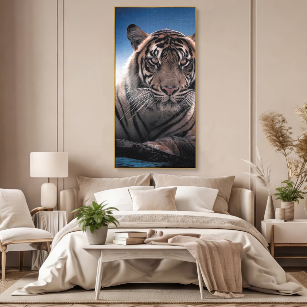 Tablou Canvas Premium, LuxCanva® M1441, Singur sub Stele, Semiluna, Noapte, Stele, Cosmic, Tigru, Felina, Misterios, Dungi, Lumina, Portret, Birou, Living, Camera Copil