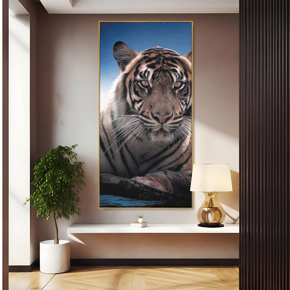Tablou Canvas Premium, LuxCanva® M1441, Singur sub Stele, Semiluna, Noapte, Stele, Cosmic, Tigru, Felina, Misterios, Dungi, Lumina, Portret, Birou, Living, Camera Copil