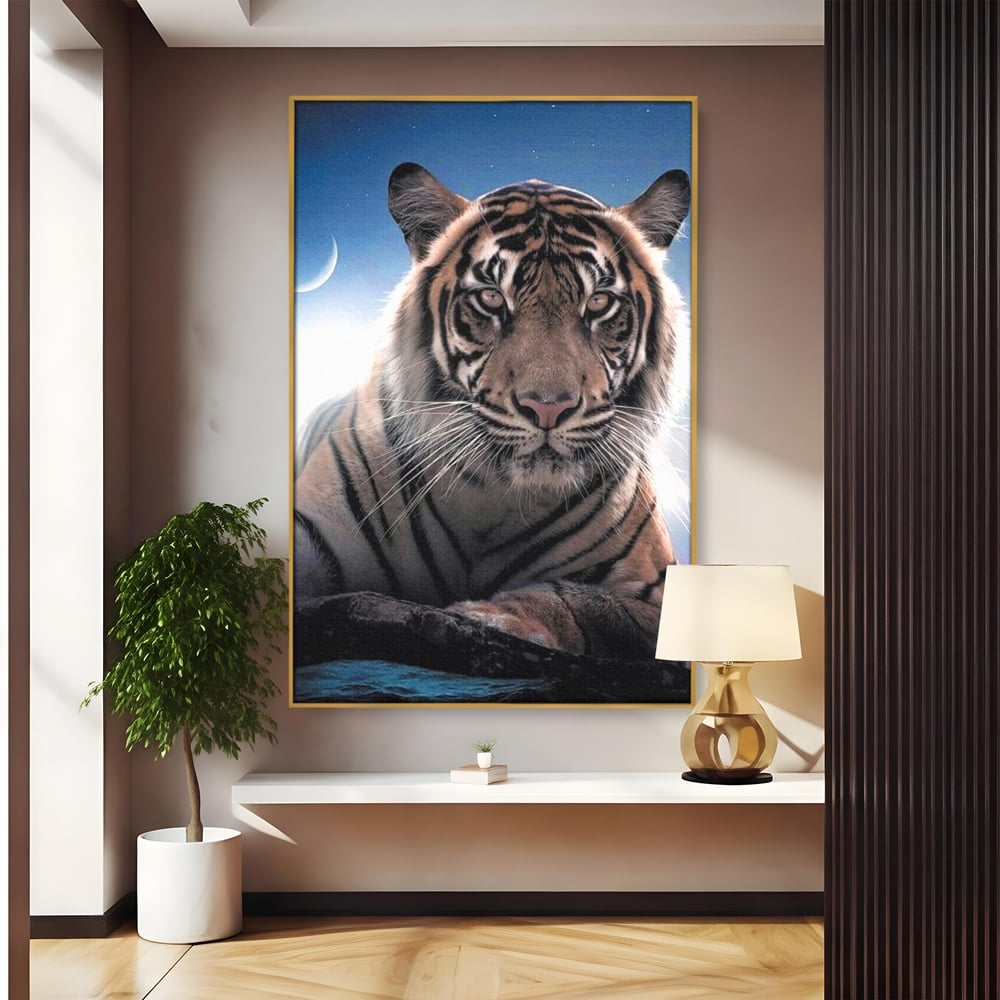 Tablou Canvas Premium, LuxCanva® M1441, Singur sub Stele, Semiluna, Noapte, Stele, Cosmic, Tigru, Felina, Misterios, Dungi, Lumina, Portret, Birou, Living, Camera Copil