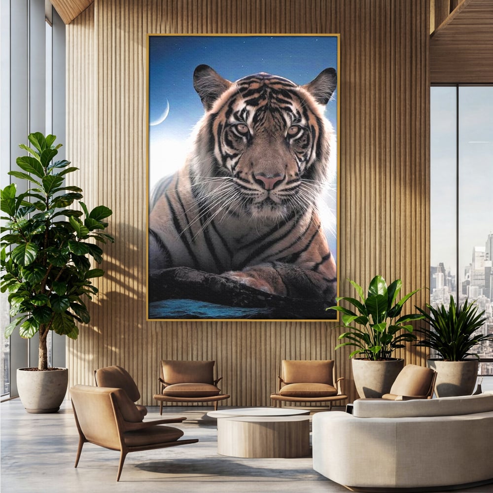 Tablou Canvas Premium, LuxCanva® M1441, Singur sub Stele, Semiluna, Noapte, Stele, Cosmic, Tigru, Felina, Misterios, Dungi, Lumina, Portret, Birou, Living, Camera Copil
